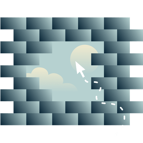 An opening in a brick wall that shows a sky with the sun and clouds, plus a cursor going towards the opening.